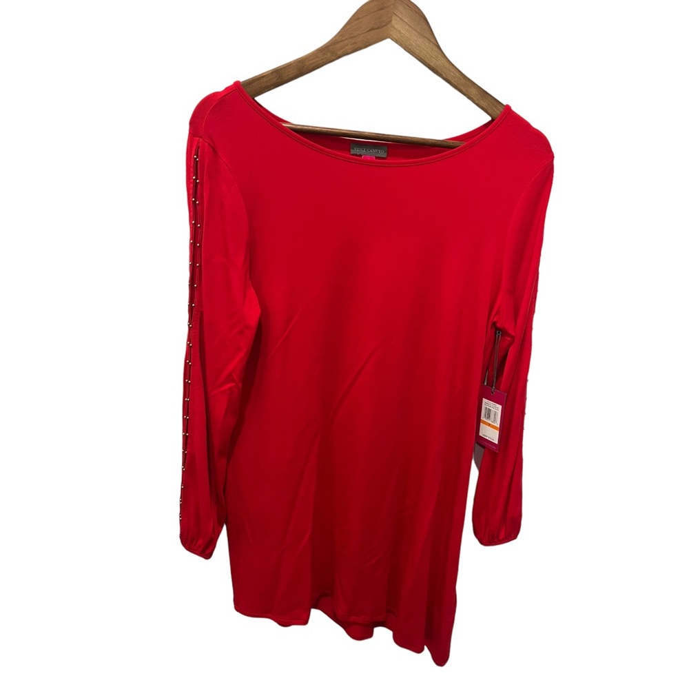 VINCE CAMUTO ROMANTIC GLAMOUR RED FIRE GLOW BLOUSE OPEN SLEEVES W/ STUDS SZ SM